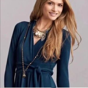 CAbi Dark Teal Long Sleeve Dress Size Medium Style 227 Faux Wrap Dress